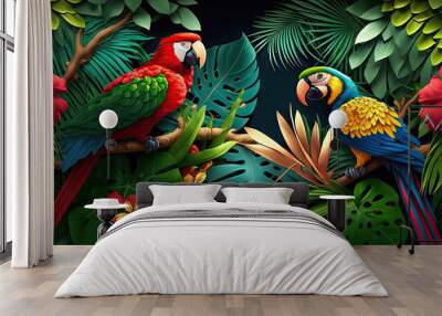 Macaw parrot bird in tropical rainforest Wall mural