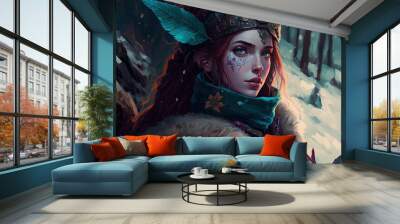 Portrait of a fantasy woman wearing a feather and a teal scarf Wall mural