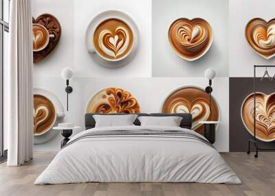 Top view of hot coffee latte art foam set isolated on white background Wall mural