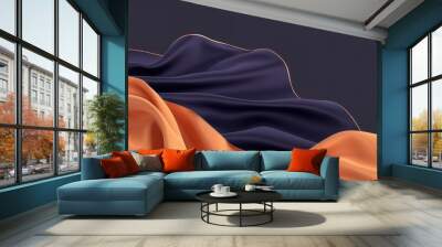 Elegant orange and blue silk fabric with golden outlines Wall mural