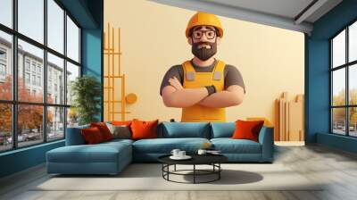 A cartoon construction worker with glasses and a beard poses with arms crossed in a tidy workspace, surrounded by tools and materials, emphasizing safety and dedication to construction work Wall mural