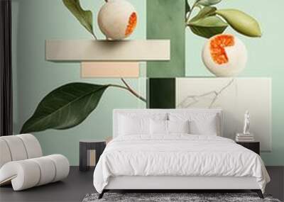 A surreal contemporary art collage featuring floating geometric shapes and natural elements set against a light green background, evoking a dreamlike atmosphere of balance and harmony Wall mural