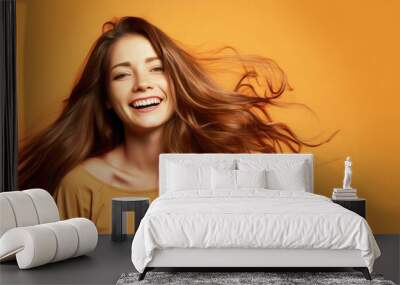 Happy smiling young woman with beautiful long brown hair. Geneartive AI. Generative AI Wall mural