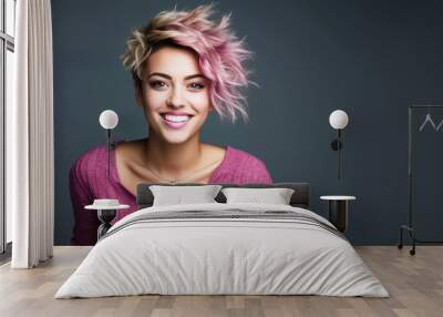 trendy young woman with messy bob hair style blond with pink highlights and big smile Wall mural