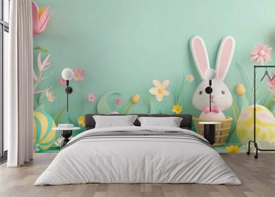 Easter happy background egg banner card holiday bunny greeting spring pattern rabbit. Design happy flower easter background poster basket isolated template 3d cute abstract decoration decor frame Wall mural