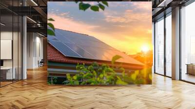 Panel solar energy photovoltaic power roof sun home cell system green house eco industry. Solar energy building panel future electric engineer technology ecology sunset nature station sky light work  Wall mural