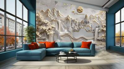 Japanese-style stucco molding on the wall, bonsai, mountains, sunset. Wall mural