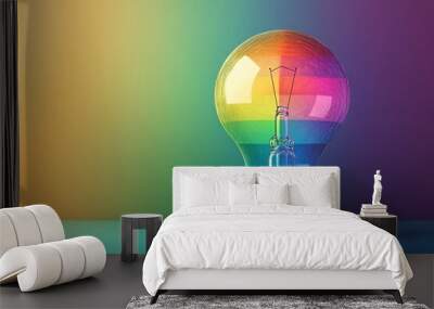 Colorful light bulb emits vibrant hues, symbolizing creativity and innovation in a modern design. Wall mural