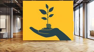 Hand holding a light bulb with a growing plant symbolizing sustainable energy, innovation, and environmental conservation. Wall mural