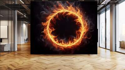 A blazing ring explosion of fiery orange and red against a black background, symbolizing intense power energy Wall mural