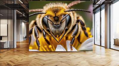 A close-up of a fuzzy bee with black and yellow stripes collecting pollen on a bright summer flower Wall mural