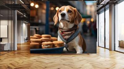 A cute beagle puppy sitting in a bowl of food, looking adorable and purebred Wall mural