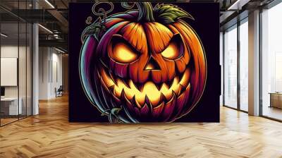 a spooky jack-o-lantern with a carved evil face glowing in the dark, for Halloween night celebrations Wall mural