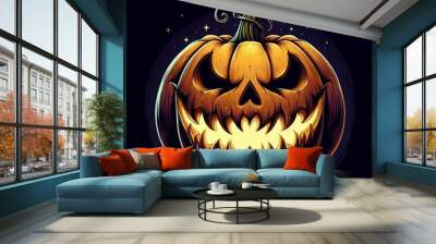 a spooky jack-o-lantern with a carved evil face glowing in the dark, for Halloween night celebrations Wall mural