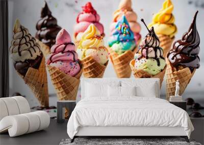 An ice cream cone with chocolate and strawberry flavors illustrated in a sweet cold and delicious for summer desserts Wall mural