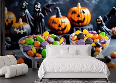 Colorful candies in a glass bowl, perfect for Halloween isolated dark background Wall mural