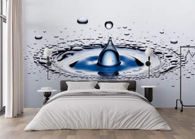 Crystal-clear droplet, suspended in a vibrant blue expanse, creating mesmerizing ripples and reflections Wall mural