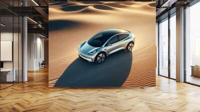 electric sports car with headlights cutting through the afternoon on a desert Wall mural