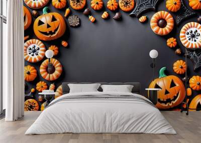 Halloween background featuring a pumpkin frame with a spooky design in orange and black Wall mural