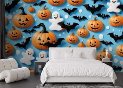 Halloween seamless pattern with pumpkins, bats and ghosts on blue background Wall mural