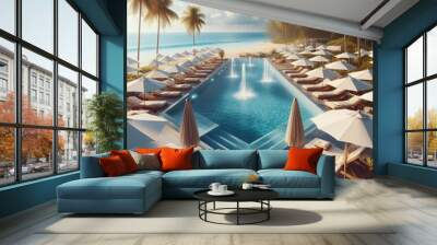 Luxury hotel swimming pool surrounded by tropical palm trees and blue water in a resort setting Wall mural