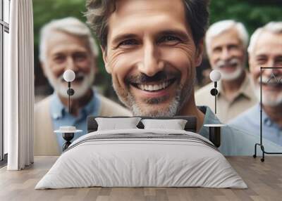 Portrait of a smiling senior man in casual attire outdoors with a happy expression looking at the camera, showcasing his handsome features and gray hair in a close-up shot Wall mural