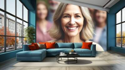 Portrait of a smiling senior woman in casual attire outdoors with a happy expression looking at the camera, showcasing her beauty features and gray hair in a close-up shot Wall mural