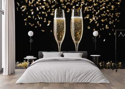 Two champagne glasses with fireworks celebrating New Year's Eve Wall mural