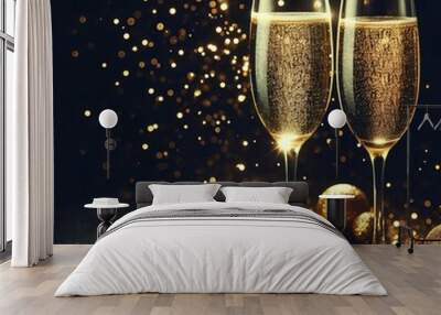 Two glasses of champagne with bubbles and a festive background of fireworks for a celebration during New Year's Eve or a holiday party Wall mural