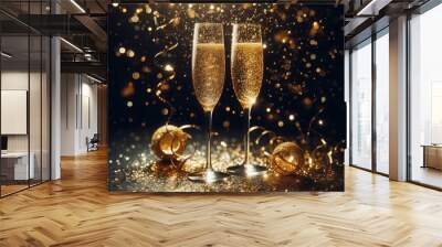 Two gold-rimmed champagne glasses filled with sparkling wine, adorned with festive Christmas decorations, set against a backdrop of shimmering lights and holiday cheer Wall mural