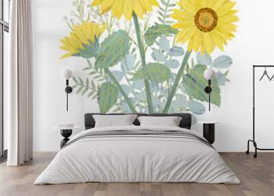 Hand drawn summer bouquet with sunflower, illustration on white background, birthday card Wall mural