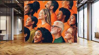 A diverse group of people of various ages and ethnicities, smiling and looking upward Wall mural