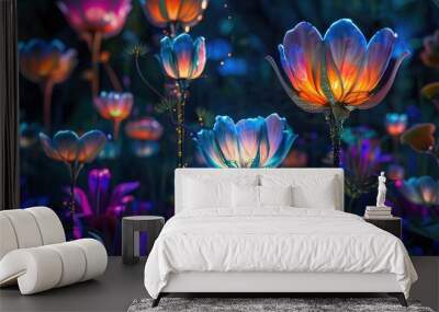 Fantasy garden aglow with vibrant, bioluminescent flower blooms Wall mural