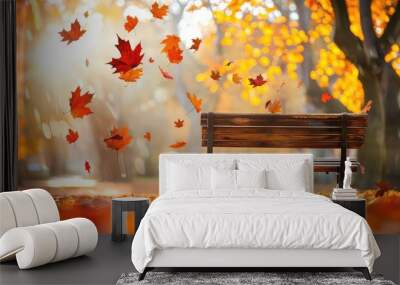 Flying falling orange yellow red maple leaves autumn park background with bench outdoor relax romantic mood copy space banner Wall mural