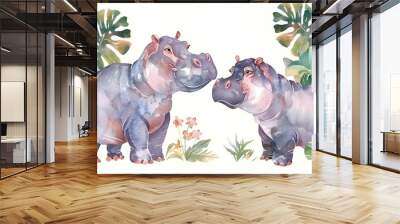 Hand drawn cute isolated tropical summer watercolor hippo animals. hippopotamus baby and mother cartoon animal illustrations, jungle tree, brazil trendy design. Aloha collection Wall mural