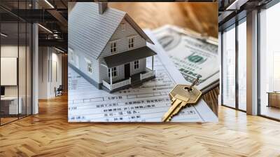 House model and Money, house key lying on real estate contract, home loan and investment concept. Wall mural