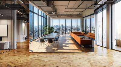 Modern office space with a stunning city view. The room is furnished with a long table and chairs, as well as a large orange couch. Wall mural