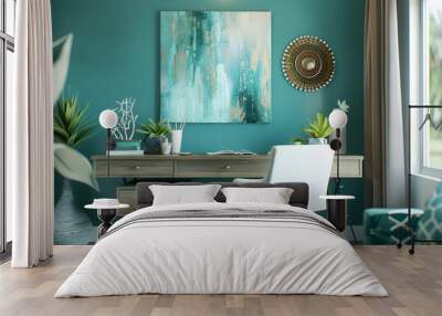 Teal Tranquil Oasis: A Zen-inspired desk with a floating desktop and an under-desk drawer, adorned with calming teal accents and peaceful artwork. Wall mural