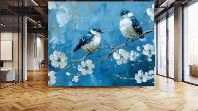 Two birds on a tree with white flowers oil painting, blue background, printable interior wall art. Wall mural