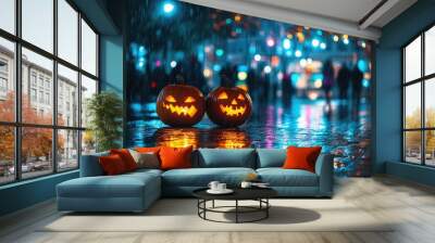 Two carved pumpkins glowing on a rainy night in the city, colorful lights overhead Wall mural