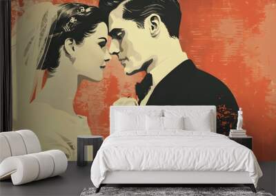 vintage styled classic wedding poster illustration, couple of bride and groom, generative ai technology Wall mural