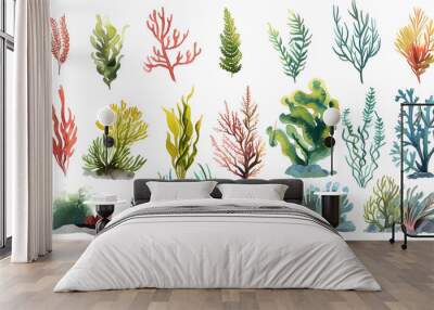 Watercolor seaweeds illustration. Sea underwater plants, ocean coral reef and aquatic kelp, hand drawn marine flora set. hand drawn seaweed cartoon sketch aquarium decor Wall mural