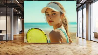 Young woman wearing a visor and a swimsuit holding a tennis racket on a sandy beach. Wall mural