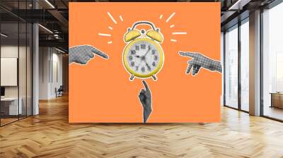 Modern collage with halftone pointing hands and alarm clock. Paper cutout elements. Dotted pop art style. Deadline concept. Trendy vintage newspaper parts Wall mural