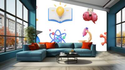 school, science and education icons. microscope, atom, virus, test tube, books, brain, light bulb, g Wall mural