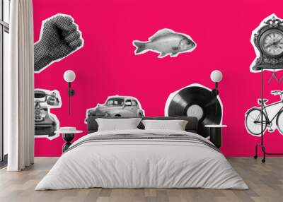 Vintage halftone collage, trending elements in retro pop style. Wall mural