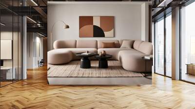 Minimalist, japandi style interior design of modern neutral living room. Rustic black coffee table near sofa against beige wall with wall art frame. Wall mural