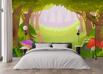 Bright cartoon fairy tale forest with copy space Wall mural