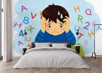 Confused kid looking at letters and numbers flying out of a book Wall mural