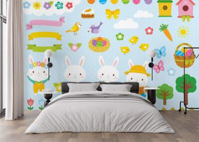 Easter clip art set with cute Easter bunnies, Easter eggs and other spring related illustrations. Wall mural